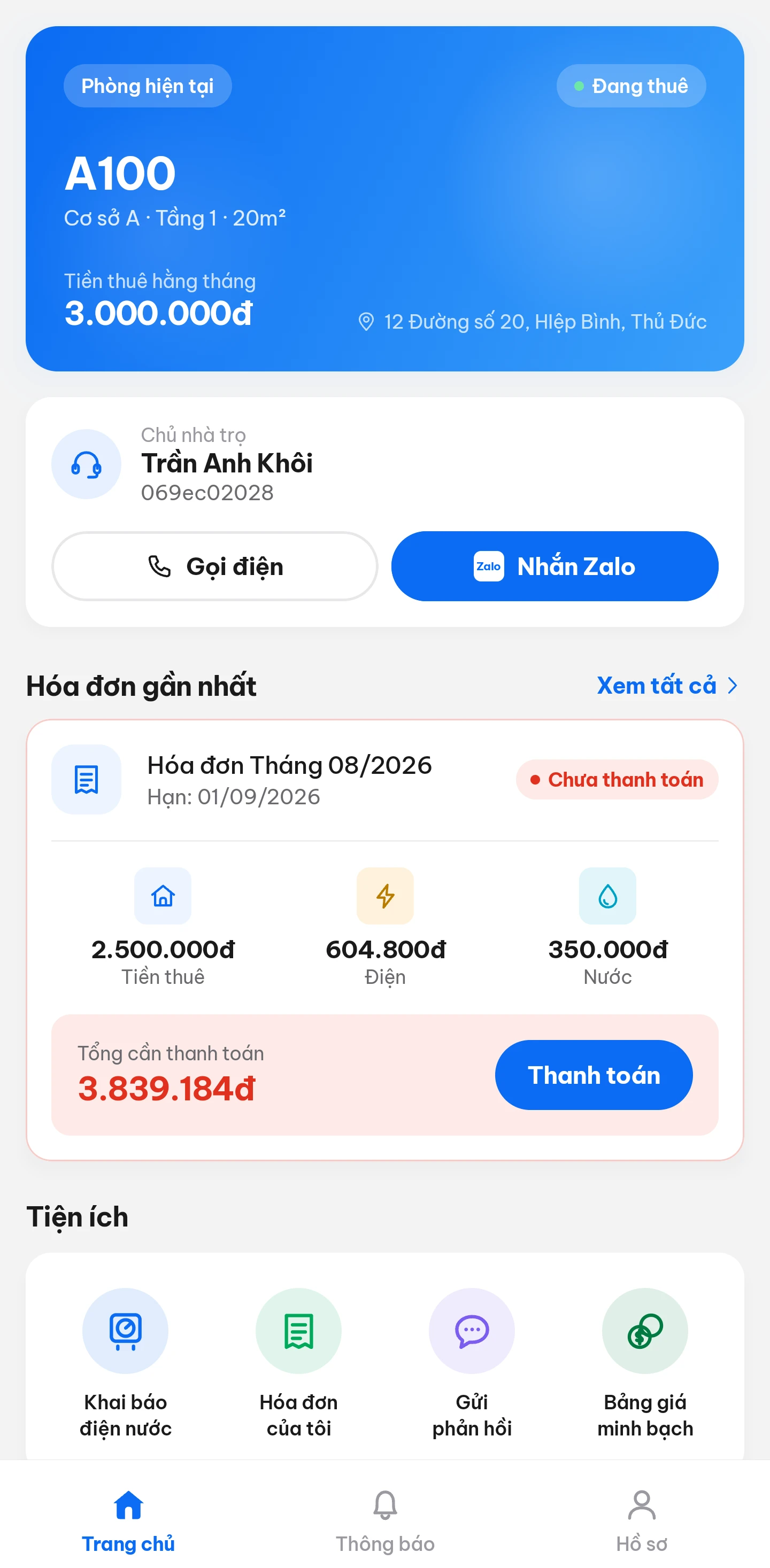 Màn hình chính app Dormly của người thuê: phòng đang ở, liên hệ chủ trọ, hoá đơn tháng này và nút thanh toán